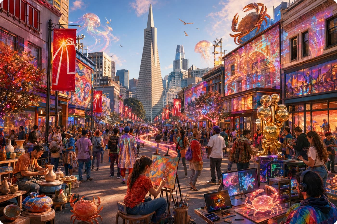Fantastical Columbus Avenue arts corridor facing Transamerica Pyramid