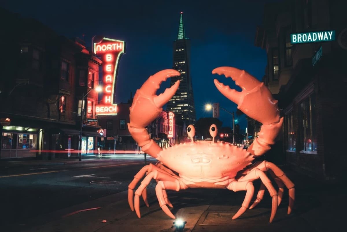 Night crab walk with a glowing crab on a San Francisco street