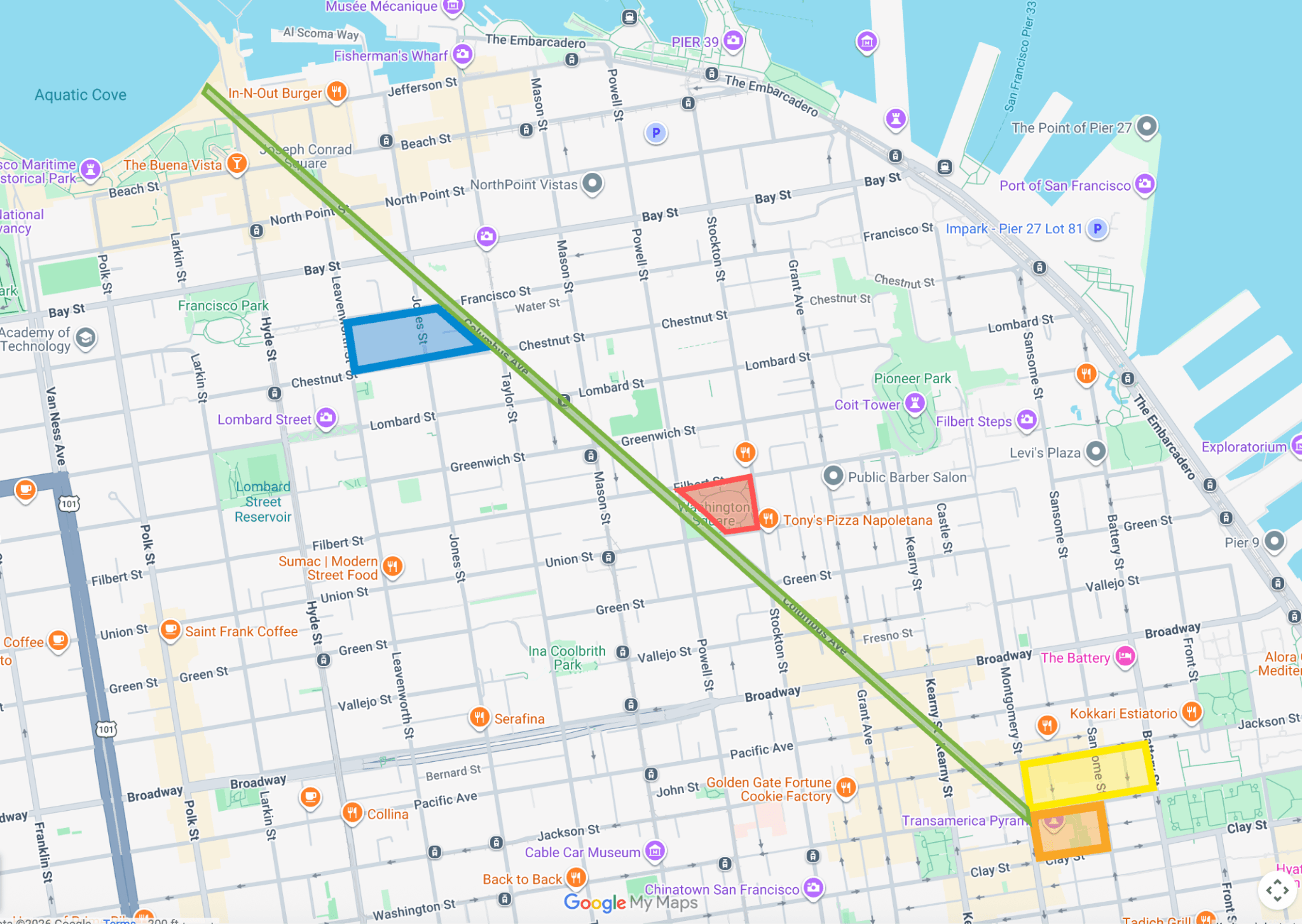 Columbus corridor activation map from Transamerica Pyramid toward The Cannery