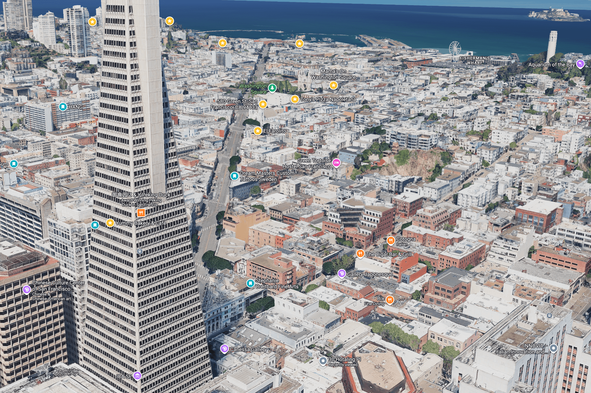 Aerial view down Columbus Avenue toward North Beach and the waterfront